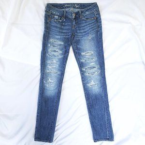 AE Premium American Eagle Skinny Jeans Size 00 R 100% Cotton Distressed Ripped
